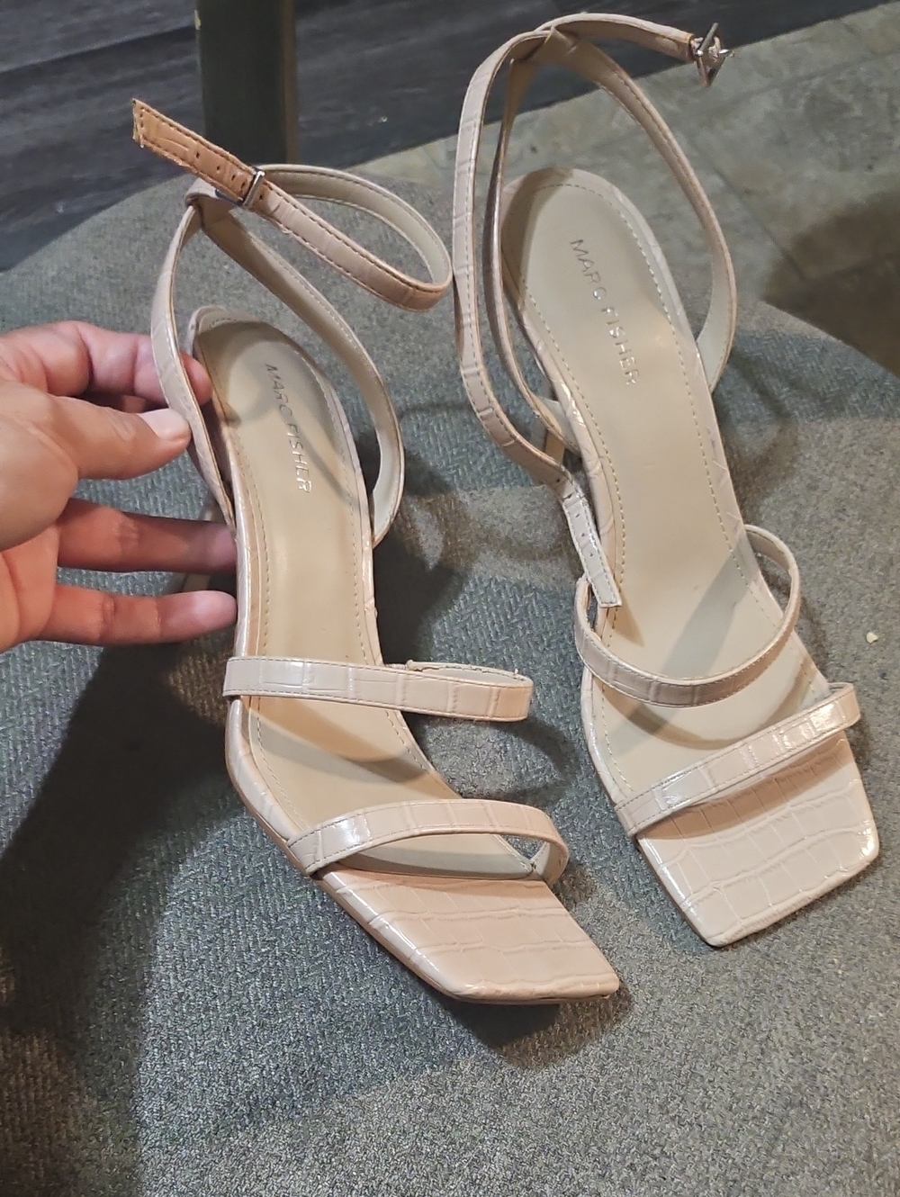 Marc Fisher Nude Croc-Embossed Strappy Square-Toe Sandals